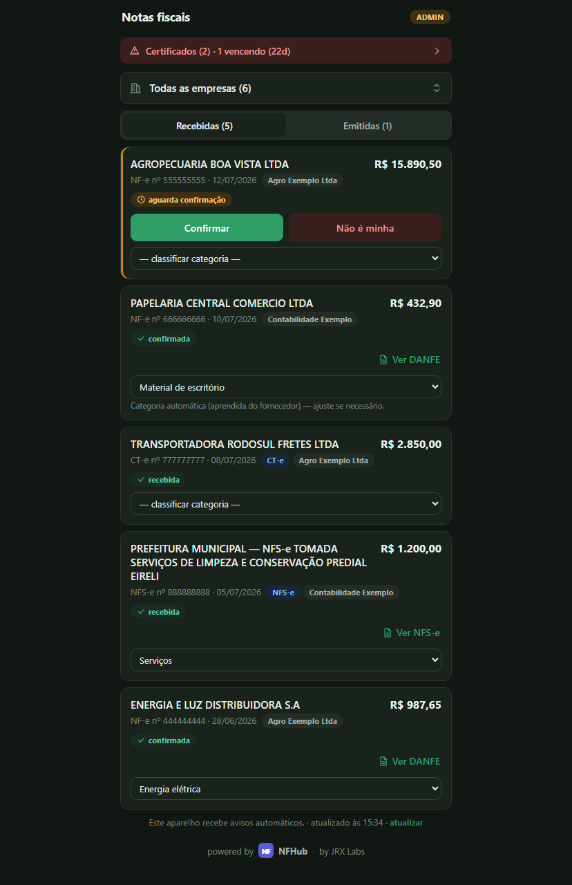 Caixa de notas fiscais do NFHub, com confirmação em 1 toque